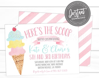 Ice Cream Sibling Birthday Party Invitation, Joint Birthday, Pink Ice Cream Social Invite, Editable Birthday template, Instant Access