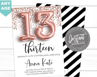 13th birthday Invitation, ANY AGE Editable Birthday Invitation, Rose Gold Glitter, Surprise, teen 13 12 11, Printable Invite, Instant Access