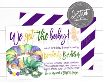 Mardi Gras Baby Shower Invitation, Editable Baby Shower template, We got the Baby shower invite, King Cake baby,  Instant Access
