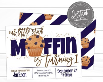 Stud Muffin Birthday, Muffin Party Invite, Boy First Birthday Invitation, Editable template, Sweet Providence, Instant Access,