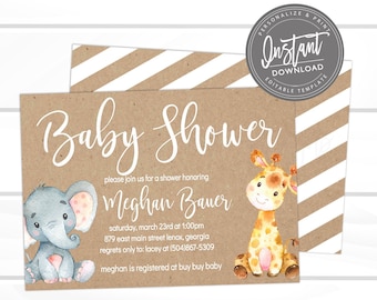 Elephant Baby Shower Invitation, Safari Elephant and Giraffe, Editable invitation Template, Kraft, Baby Elephant, , Instant Access