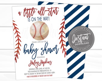 Baseball Baby Shower by mail Invitation, Little All Star Virtual Shower, Editable baseball template, Its a Boy Shower Invite, Instant Access