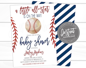 Baseball Baby Shower by mail Invitation, Little All Star Virtual Shower, Editable baseball template, Its a Boy Shower Invite, Instant Access