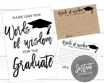 Words of wisdom Cards and Sign, Graduation Party Decor, Graduation Advice, Party Decorations, Wishes for the Grad, Instant Access