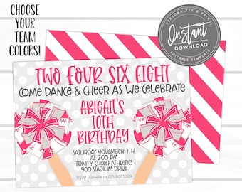 Cheer Birthday Invitation, Editable Cheerleader tailgate game time, PICK YOUR TEAM Color, Girl Sibling Birthday template, Instant Access