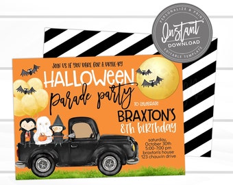 Halloween Party Invitation, Drive By Halloween Parade, Halloween Birthday Party, Editable Birthday Invitation Template, Instant Download
