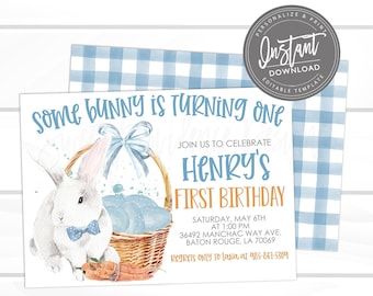 Easter Birthday Party Invitation, Editable Boy Bunny Carrot Invite, Some Bunny is turning one, Blue Gingham Printable Instant Access