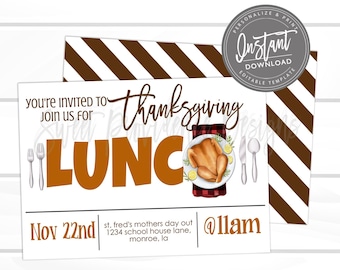 May include: Thanksgiving lunch invitation with a roasted turkey illustration on a white background. The invitation includes the text "you're invited to join us for Thanksgiving lunch" and event details. The design features brown and white diagonal stripes.