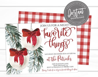 Może przedstawiać: Świąteczne zaproszenie z napisem "Join us for a night of Favorite Things". Projekt zawiera akwarelowe ozdoby z czerwonymi kokardkami i gałązkami sosny. Czerwono-biały wzór w kratę znajduje się w tle.