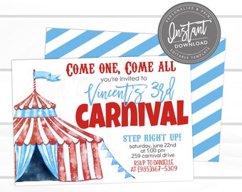 Carnival Invitations, Red Carnival Theme Party, Boy Circus Birthday Invitation, Carnival Ticket, Carnival Party, INSTANT ACCESS - Edit NOW