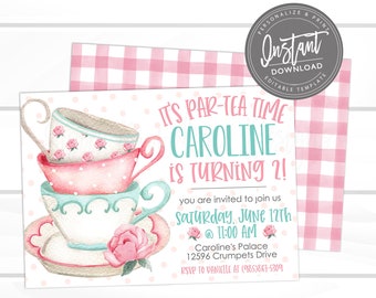 Tea Birthday Party Invitation, kids Birthday Par-Tea Invite, Pink Floral Birthday Tea Party, Editable Template, ANY Age, INSTANT ACCESS