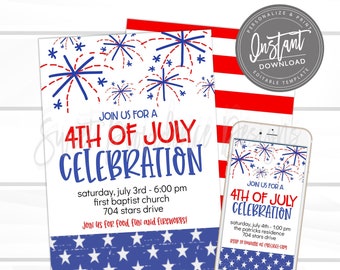 May include: Editable 4th of July celebration invitation template with red, white, and blue stars and fireworks. The text reads "Join us for a 4th of July Celebration" and includes details about the event, such as the date, time, location, and RSVP information.