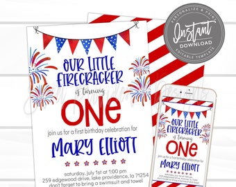 4th of July Invitation, Firecracker Invitation, Editable Birthday invite, Firework Invite, first birthday Invite, Instant Access,