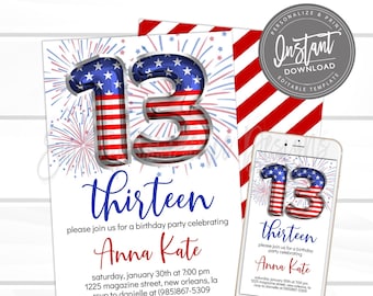 4th of July Birthday Party Invite, Girl or Boy Birthday Invitation, Stars Stripes, ANY AGE, Editable Birthday Invitation, Instant Access