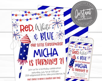 4th of July Party Invitation, Firework Birthday, Editable Patriotic Red white blue American birthday Invite, printable Instant Access