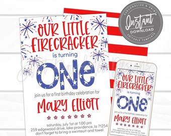 4th of July Invitation, Firecracker Invitation, Editable Birthday invite, Stars and stripe first birthday Invite, Instant Download, Edit Now