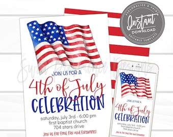 4th of July Invitations, Fourth of July Patriotic Flag Birthday Editable Flyer, ANY event BBQ Invite, Block party, Printable Instant Access