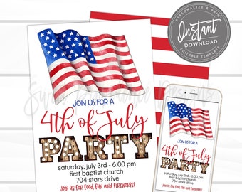 4th of July Invitation, Editable Marquee Flyer, red white blue BBQ Invite, ANY event Block party, Digital Printable Instant Access- edit now