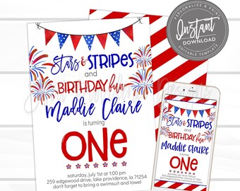 4th of July Invitation, Firecracker Invitation, Editable Birthday invite, Stars and stripe first birthday Invite, Printable Instant Access