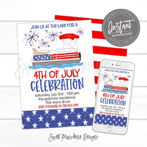 4th of July Celebration Invitation, Lake Party Invite, Editable BBQ invite, Boat Fireworks flyer, Fourth of July, Printable Instant Download