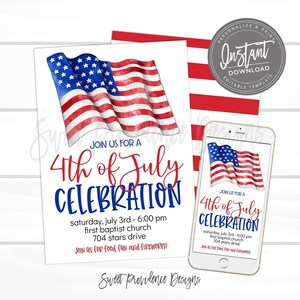 May include: An invitation to a 4th of July celebration featuring a watercolour illustration of an American flag. The invitation includes the date, time, location, and the text "Join us for food, fun, and fireworks!"