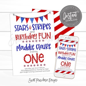 4th of July Invitation, First Birthday Firecracker, Fourth of July, Stars & stripe first birthday, Editable Invite template, Instant Access