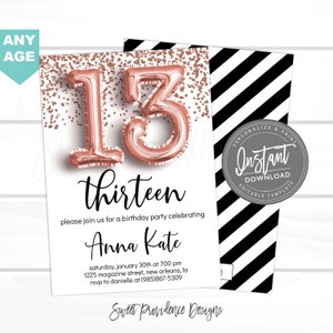 13th birthday Invitation, ANY AGE Editable Birthday Invitation, Rose Gold Glitter, Surprise, teen 13 12 11, Printable Invite, Instant Access