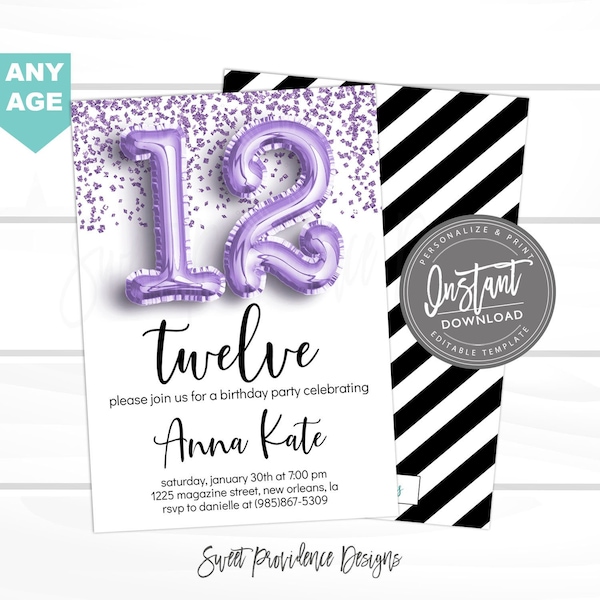 12th birthday Invitation, ANY AGE Editable Birthday Invitation, Purple Glitter, Surprise, teen 13 12 11, Printable Invite, Instant Access