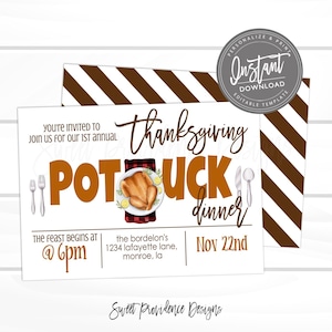 Op de afbeelding: Thanksgiving Potluck Dinner uitnodiging met een illustratie van een gebraden kalkoen. De uitnodiging bevat de tekst "Direct downloaden Bewerkbare sjabloon" en "22 november". Het ontwerp heeft bruine en witte strepen en de woorden "Sweet Providence Designs".