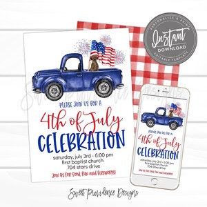 May include: A 4th of July celebration invitation featuring a blue pickup truck with a brown dog and an American flag in the bed, surrounded by fireworks. The text reads: Please join us for a 4th of July celebration, Saturday, July 3rd, 6:00 pm.