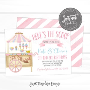 Ice Cream Birthday Party Invitation, First Birthday, Ice Cream Cart, Social invitation, Editable Birthday Invite template, Instant Access