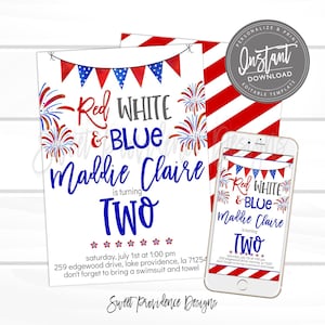 May include: A red, white and blue themed birthday invitation for a child turning two. The invitation features a watercolour illustration of fireworks and a banner with stars and stripes. The text on the invitation reads "Red White & Blue Maddie Claire is turning Two" and includes the date, time, and location of the party.