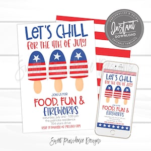 4th of July Invitation, Popsicle Invitation, Editable Let's Chill invite, red white blue Invite, printable Instant Download, EDIT NOW imagen 1
