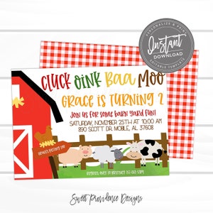 May include: A red barn with a white door and a yellow star on the side. The text "Cluck Oink Baa Moo Grace is Turning 2" is written in green, yellow, and orange letters. The text "Join us for some barn yard fun!" is written in black letters. The text "Saturday, November 25th at 10:00 AM 890 Scott Dr. Mobile, AL 37608" is written in black letters. The text "Grace's Petting Zoo" is written in black letters on a brown sign. There are cartoon images of a chicken, pig, sheep, and cow in front of a green fence. The text "Regrets only to Brittney 251-867-5309" is written in black letters. The text "Sweet Providence Designs" is written in black letters.