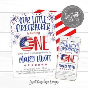 May include: A printable invitation for a first birthday party. The invitation features a red, white, and blue donut with the number "ONE" in blue and red. The text "Our Little Firecracker is turning" is in blue and red. The invitation is for a party for Mary Elliott.