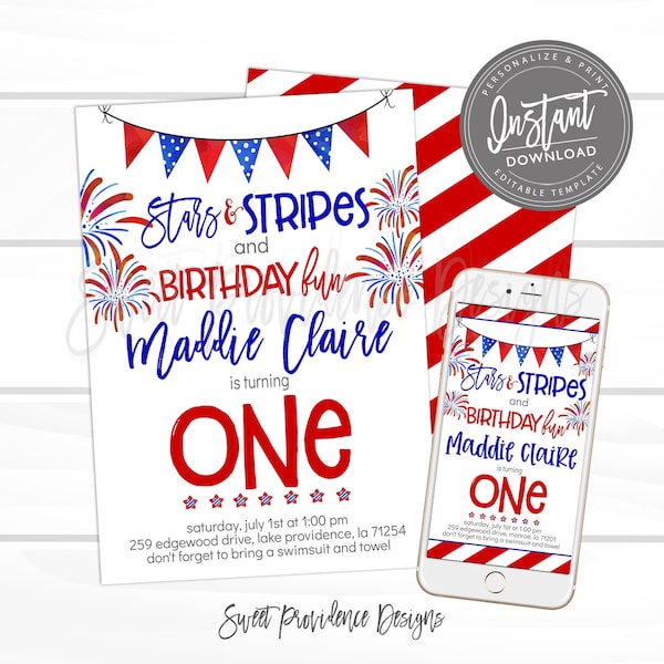 4th of July Invitation, Firecracker Invitation, Editable Birthday invite, Stars and stripe first birthday Invite, Printable Instant Access