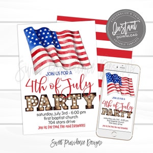 May include: A 4th of July party invitation with a watercolor American flag design. The invitation is for a party on Saturday, July 3rd from 6:00 pm to 7:00 pm at First Baptist Church, 704 Stars Drive. The invitation says "Join us for food, fun, and fireworks!"
