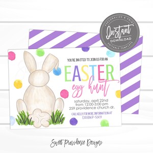 May include: An invitation to an Easter egg hunt with a watercolor illustration of a bunny rabbit. The invitation is decorated with colorful dots and the text reads "You're invited to join us for an Easter egg hunt, Saturday, April 22nd from 12:00-3:00 pm, 259 Providence Church Dr. Call Kelly for more information at (318)867-5309. Sweet Providence Designs."
