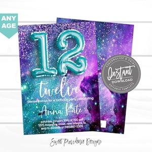 12th birthday Invitation, ANY AGE Editable Birthday Invitation, Galaxy Glitter, Surprise, teen 13 12 11, Printable Invite, Instant Access