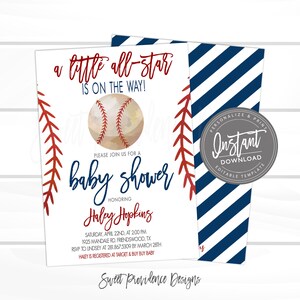 May include: A baby shower invitation with a baseball theme. The invitation features a baseball graphic, red stitching accents, and the text "a little all-star is on the way!" and "baby shower". The back of the invitation has blue and white diagonal stripes.