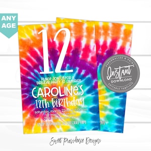Tie Dye Party Invitation, Birthday Party, VSCO Girl Invitation, 90&#39;s Girl, TweenTie Dye Birthday Party, VSCO party, Any Age, Instant Access