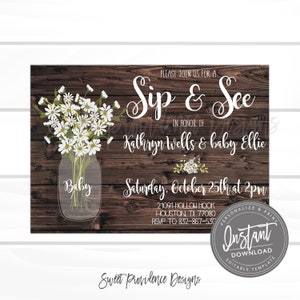 Sip & See invitation, Sip and See Shower Invitation, Rustic Baby Shower, Mason Jar, Editable Invitation Template, Instant Access image 1