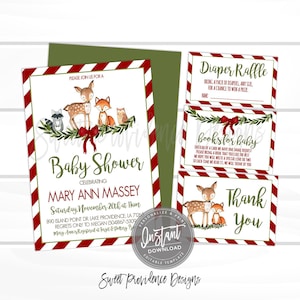 Christmas Baby Shower Invitation Kit, Woodland Animals, Editable Baby Shower Invite, Woodland Invite, Printable Template Instant Download image 1
