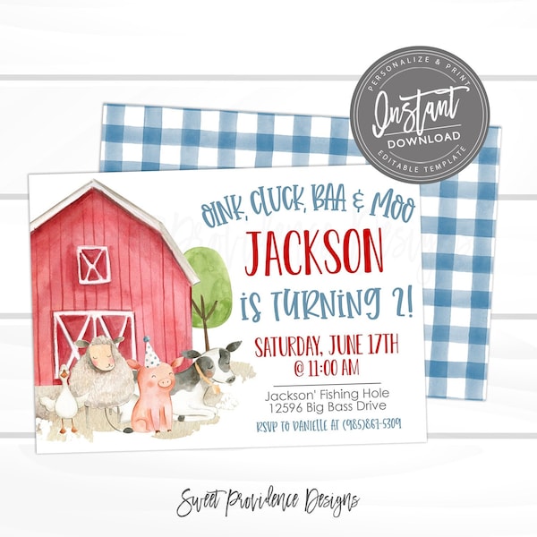 Farm Birthday Invitation, Editable Boy Barn Party, Digital Invite, Farm Animals, Barnyard, Boy Invitations, Printable Instant Access