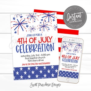 Puede incluir: Plantilla de invitaci&oacute;n editable para una celebraci&oacute;n del 4 de julio con estrellas y fuegos artificiales rojos, blancos y azules. El texto dice "&Uacute;nete a nosotros para una celebraci&oacute;n del 4 de julio" e incluye detalles sobre el evento, como la fecha, la hora, la ubicaci&oacute;n y la informaci&oacute;n de RSVP.