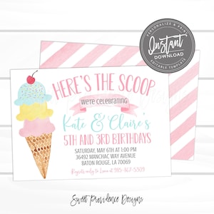 Ice Cream Sibling Birthday Party Invitation, Joint Birthday, Pink Ice Cream Social Invite, Editable Birthday template, Instant Access