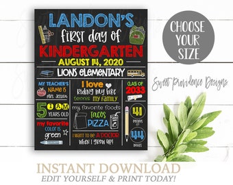 First Day of School KINDERGARTEN Chalkboard, Editable First Day of School sign, ANY GRADE, Back to School, 1st Day Printable, Instant Access