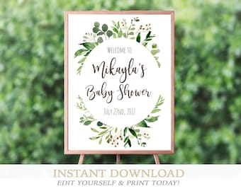 Baby Shower Welcome Sign, Personalized Baby Shower Sign, Editable Botanical Print, Baby Shower Sign, Greenery Wreath, Instant Access