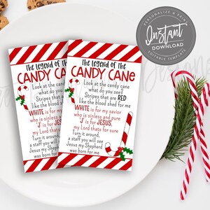 May include: Two cards with the text "The Legend of the Candy Cane" and a poem, featuring red and white stripes and a candy cane illustration. The cards are on a white plate with chocolate chip cookies and candy canes.