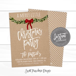 May include: A Christmas party invitation with a kraft paper background. The invitation features the text "A Merry Little Christmas Party" in white script, adorned with a watercolor garland and red bow. The back of the invitation has a polka dot pattern.